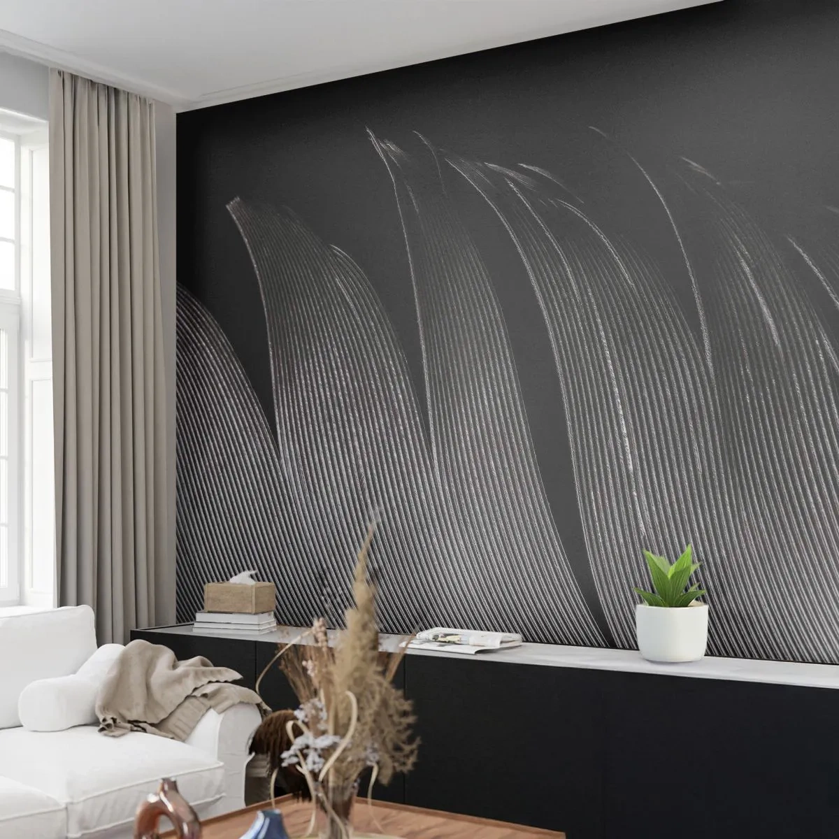 Fototapete Premium Sand - Makrofotografie einer schwarz-weißen Feder auf schwarzem Hintergrund - 100x70cm - Stift – ein wunderbares Design - Moderne Wanddekoration für Wohnzimmer und Schlafzimmer ARTTOR