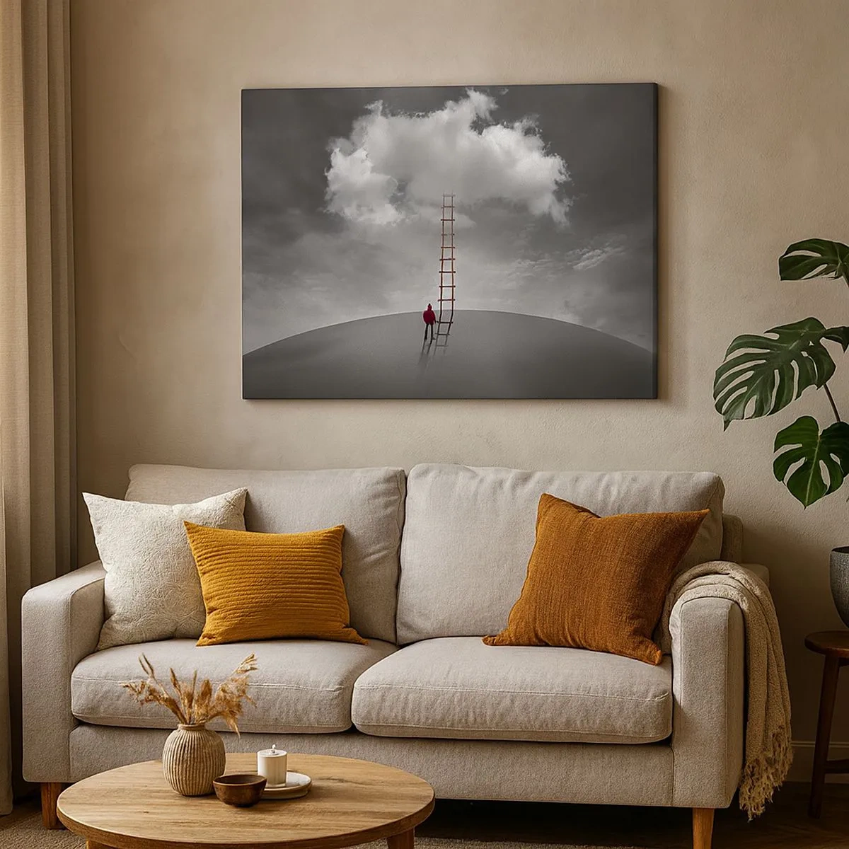 Bild auf Leinwand - Leinwandbild - Eine Person in einem roten Mantel und eine Leiter, die zu einer Wolke führt - 70x50cm - Alles ist möglich - Moderne Wanddekoration für Wohnzimmer und Schlafzimmer ARTTOR