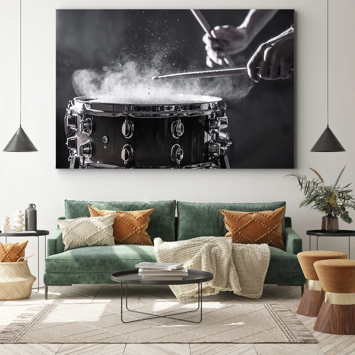 Bild auf Leinwand - Leinwandbild - Schlagen der Snare Drum mit Sticks mit Staubeffekt - 120x80cm - Der Puls der Musik - Moderne Wanddekoration für Wohnzimmer und Schlafzimmer ARTTOR