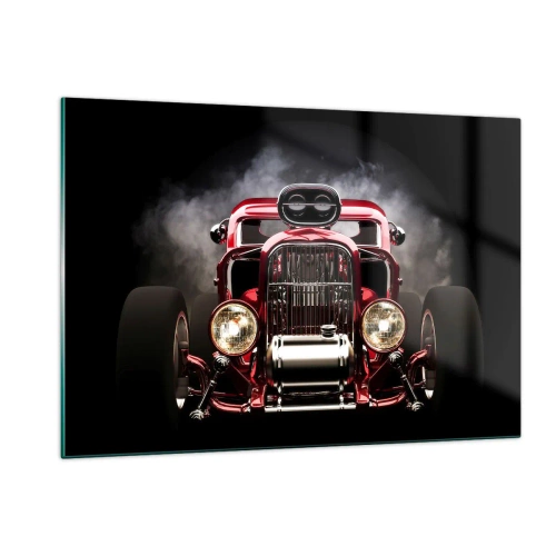 Glasbild - Bild auf glas - Roter Hot Rod in dichtem Rauch - 120x80cm - Schnell und wahnsinnig schön - Moderne Wanddekoration für Wohnzimmer und Schlafzimmer ARTTOR