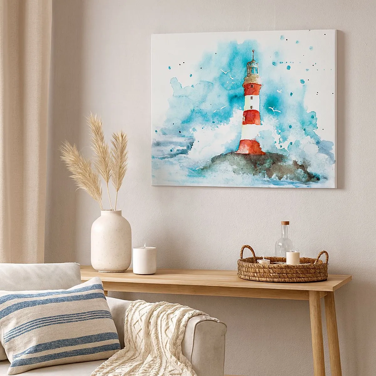 Bild auf Leinwand - Leinwandbild - Ein Leuchtturm in einer Aquarellumgebung mit blauem Hintergrund - 70x50cm - Einheit der Elemente - Moderne Wanddekoration für Wohnzimmer und Schlafzimmer ARTTOR