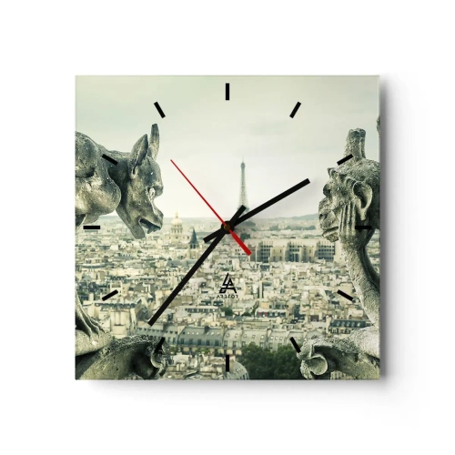 Wanduhr - Glasuhr - Wasserspeier mit Blick auf die Skyline von Paris und den Eiffelturm - 30x30cm - Pariser Plaudern - Moderne Wanddekoration für Wohnzimmer und Schlafzimmer ARTTOR