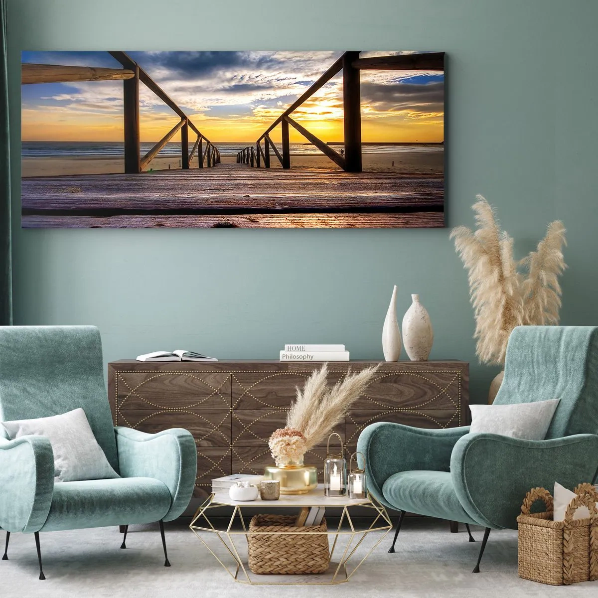 Bild auf Leinwand - Leinwandbild - Direkt zum ruhigen Strand bei Sonnenuntergang - 100x40 cm