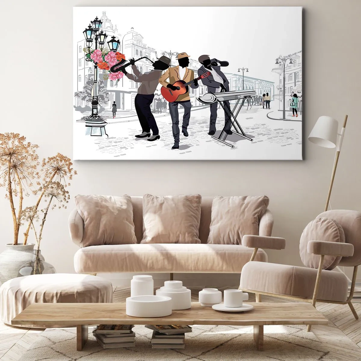 Bild auf Leinwand - Leinwandbild - Straßenmusiker spielen vor dem Hintergrund einer urbanen Landschaft - 70x50cm - Straßenmusik - Moderne Wanddekoration für Wohnzimmer und Schlafzimmer ARTTOR