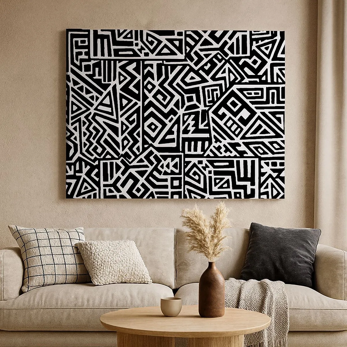 Bild auf Leinwand - Leinwandbild - Schwarz-weiße geometrische Muster, inspiriert von der präkolumbianischen Kultur - 70x50cm - Präkolumbianische Komposition - Moderne Wanddekoration für Wohnzimmer und Schlafzimmer ARTTOR