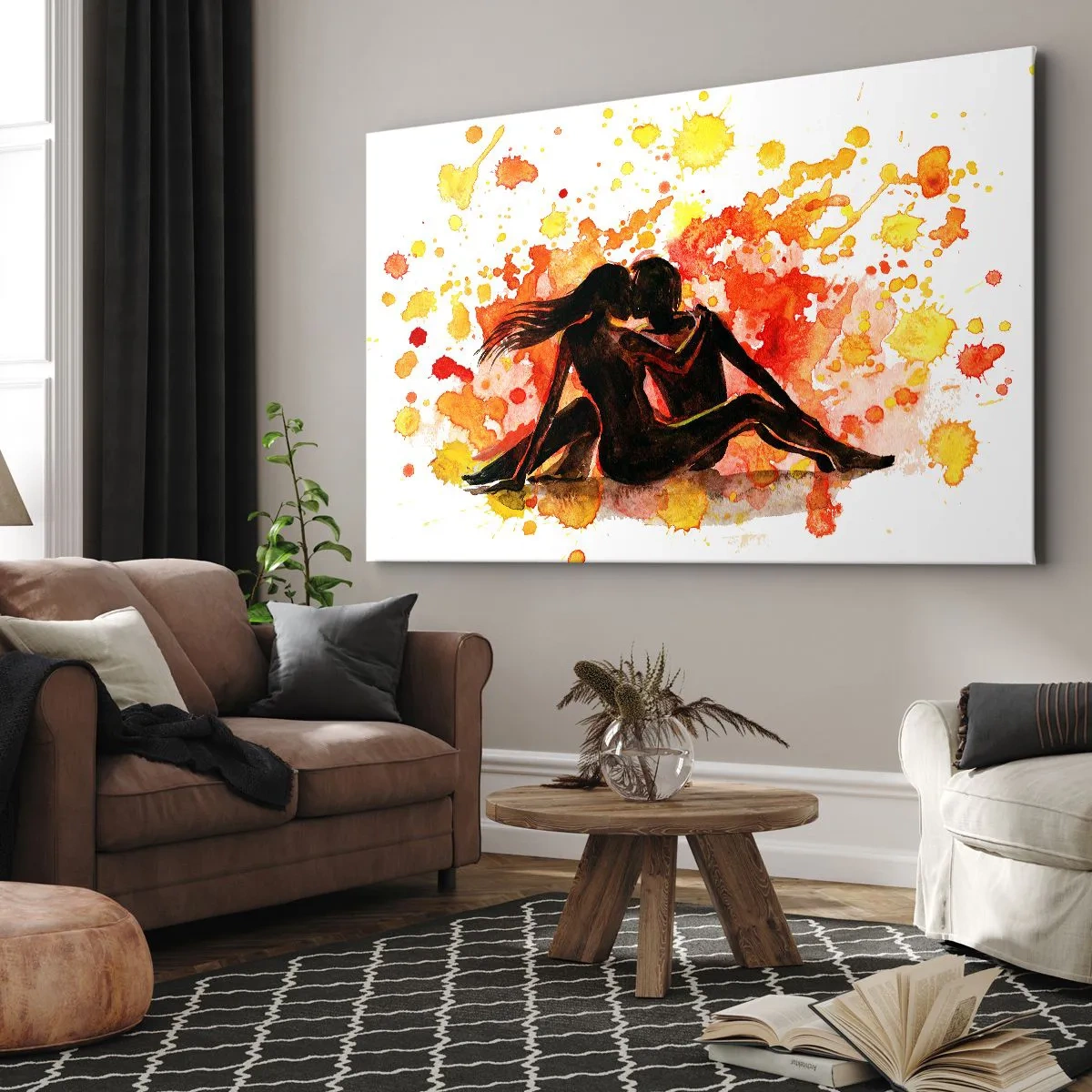 Bild auf Leinwand - Leinwandbild - Ein romantisches Aquarell von zwei Menschen in warmen Farben. - 70x50cm - Und es war Licht - Moderne Wanddekoration für Wohnzimmer und Schlafzimmer ARTTOR