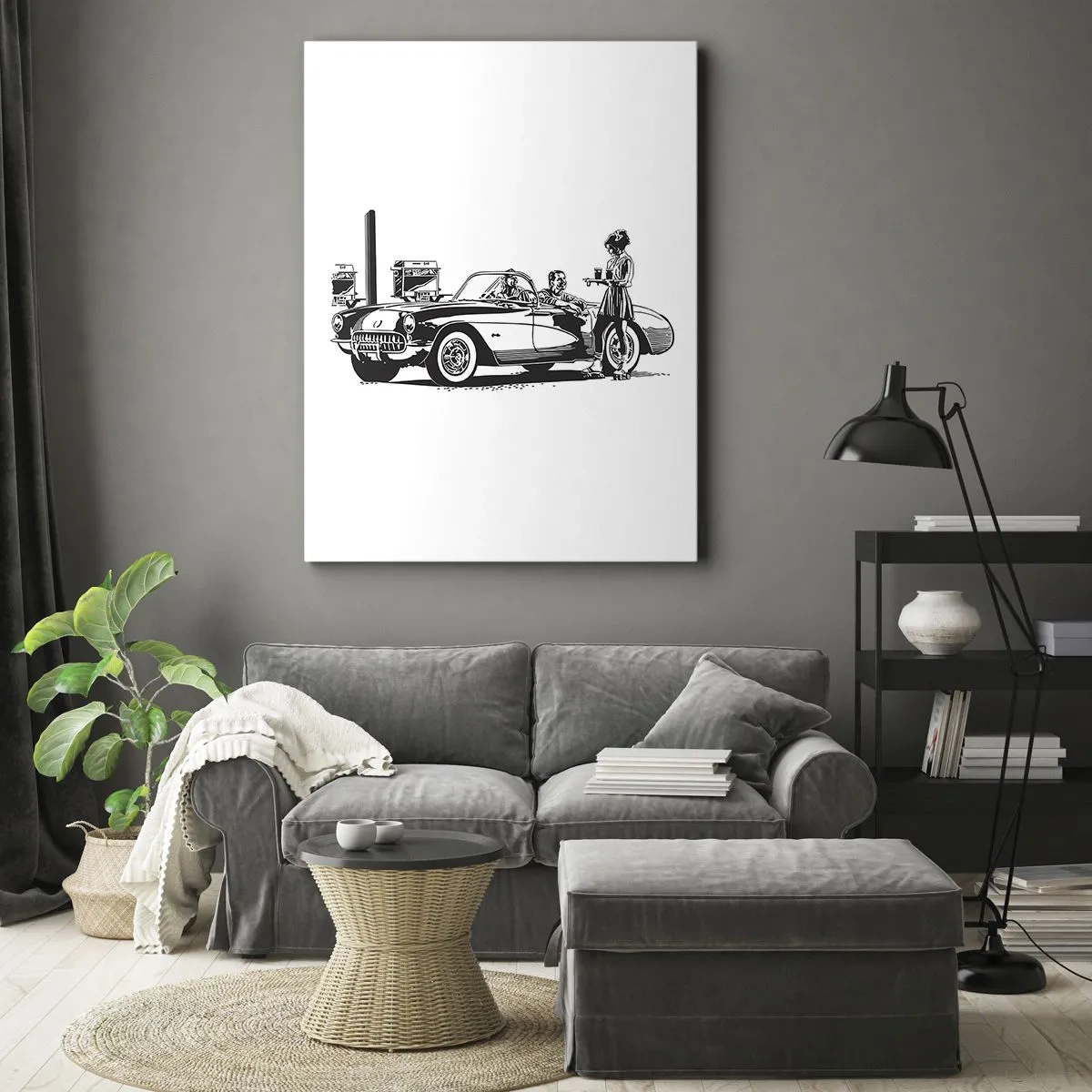 Bild auf Leinwand - Leinwandbild - Eine schwarz-weiße Retro-Szene mit einem Auto und einer Kellnerin auf Rollschuhen. - 70x100cm - 60. - unbeschwertes Amerika - Moderne Wanddekoration für Wohnzimmer und Schlafzimmer ARTTOR