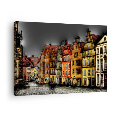 Bild auf Leinwand - Leinwandbild - Bunte Mietshäuser auf einer Kopfsteinpflasterstraße in der historischen Stadt - 70x50cm - Es fehlt nur noch ein verzaubertes Taxi - Moderne Wanddekoration für Wohnzimmer und Schlafzimmer ARTTOR