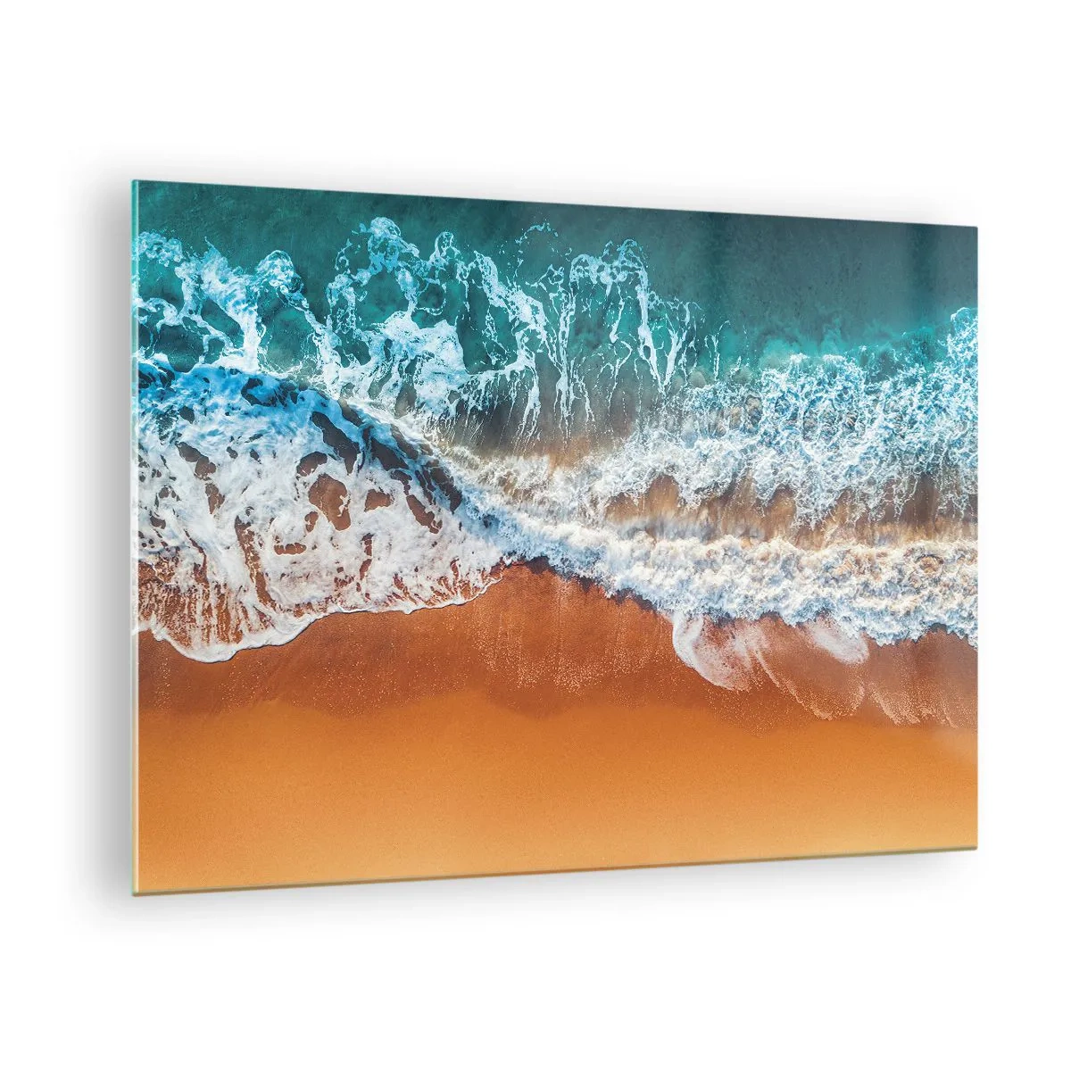Glasbild - Bild auf glas - Eine Vogelperspektive auf die Meereswellen, die gegen die Küste schlagen - 70x50cm - Immer Hand in Hand - Moderne Wanddekoration für Wohnzimmer und Schlafzimmer ARTTOR