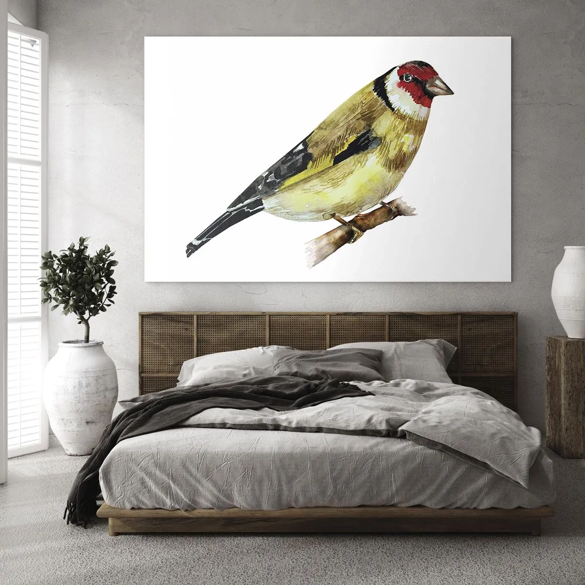 Glasbild - Bild auf glas - Aquarellvogel auf einem Ast in zarten Farben - 70x50cm - Vogelporträt - Moderne Wanddekoration für Wohnzimmer und Schlafzimmer ARTTOR