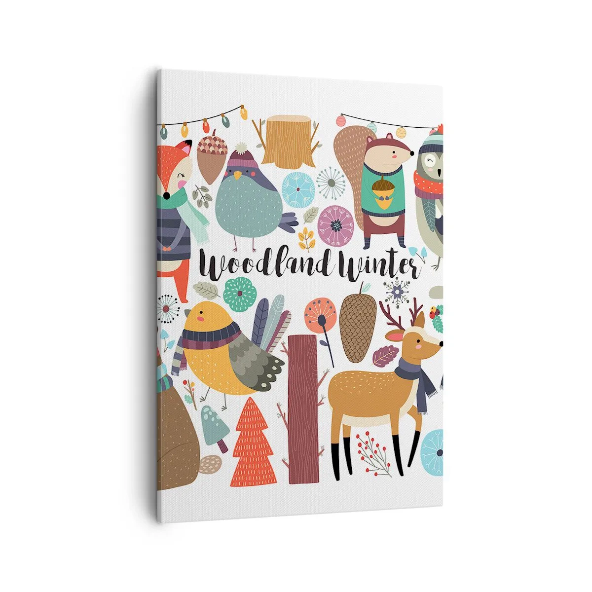 Bild auf Leinwand - Leinwandbild - Winterwaldtiere in farbenfrohen Grafiken - 50x70cm - Märchenhafter Urlaub im Wald - Moderne Wanddekoration für Wohnzimmer und Schlafzimmer ARTTOR