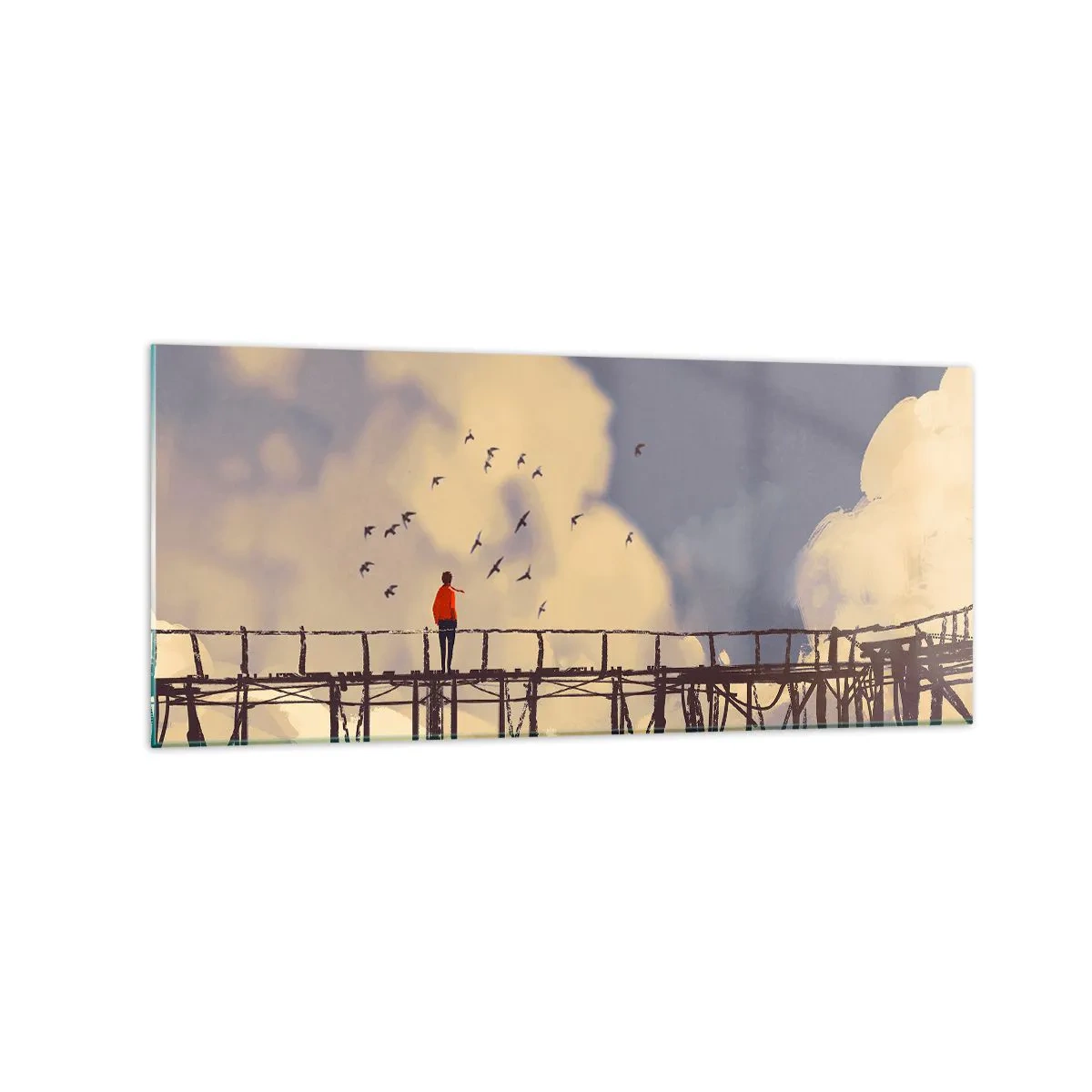 Glasbild - Bild auf glas - Eine Figur auf einer Brücke zwischen Wolken mit Vögeln am Himmel - 120x50cm - Blaue Sehnsucht - Moderne Wanddekoration für Wohnzimmer und Schlafzimmer ARTTOR