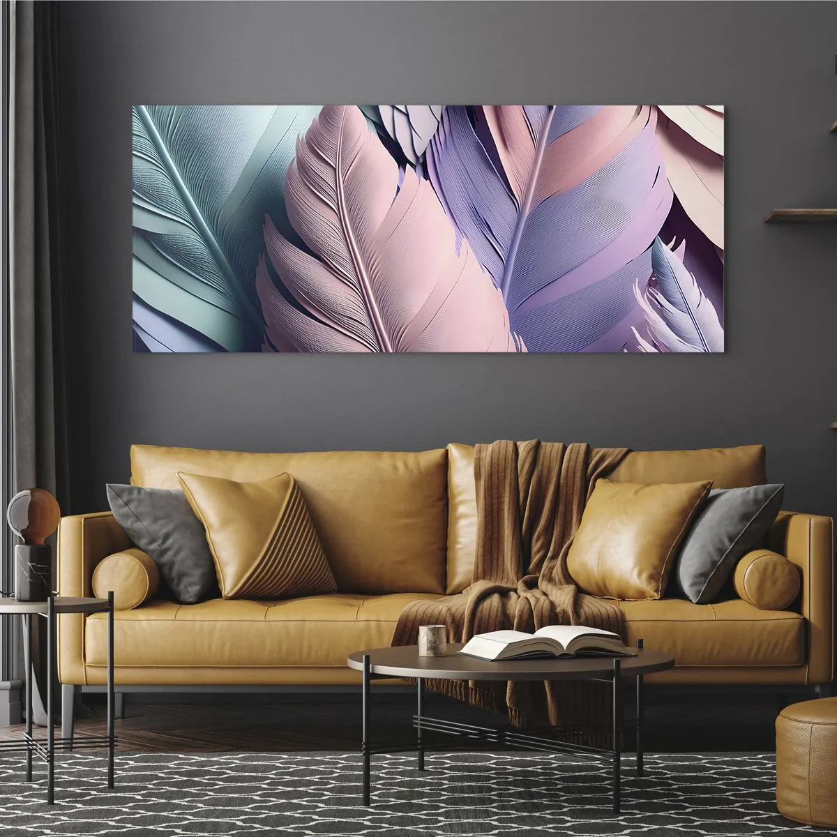 Glasbild - Bild auf glas - Bunte Federn in Pastelltönen auf hellem Hintergrund - 160x50cm - Vogel-Chic - Moderne Wanddekoration für Wohnzimmer und Schlafzimmer ARTTOR