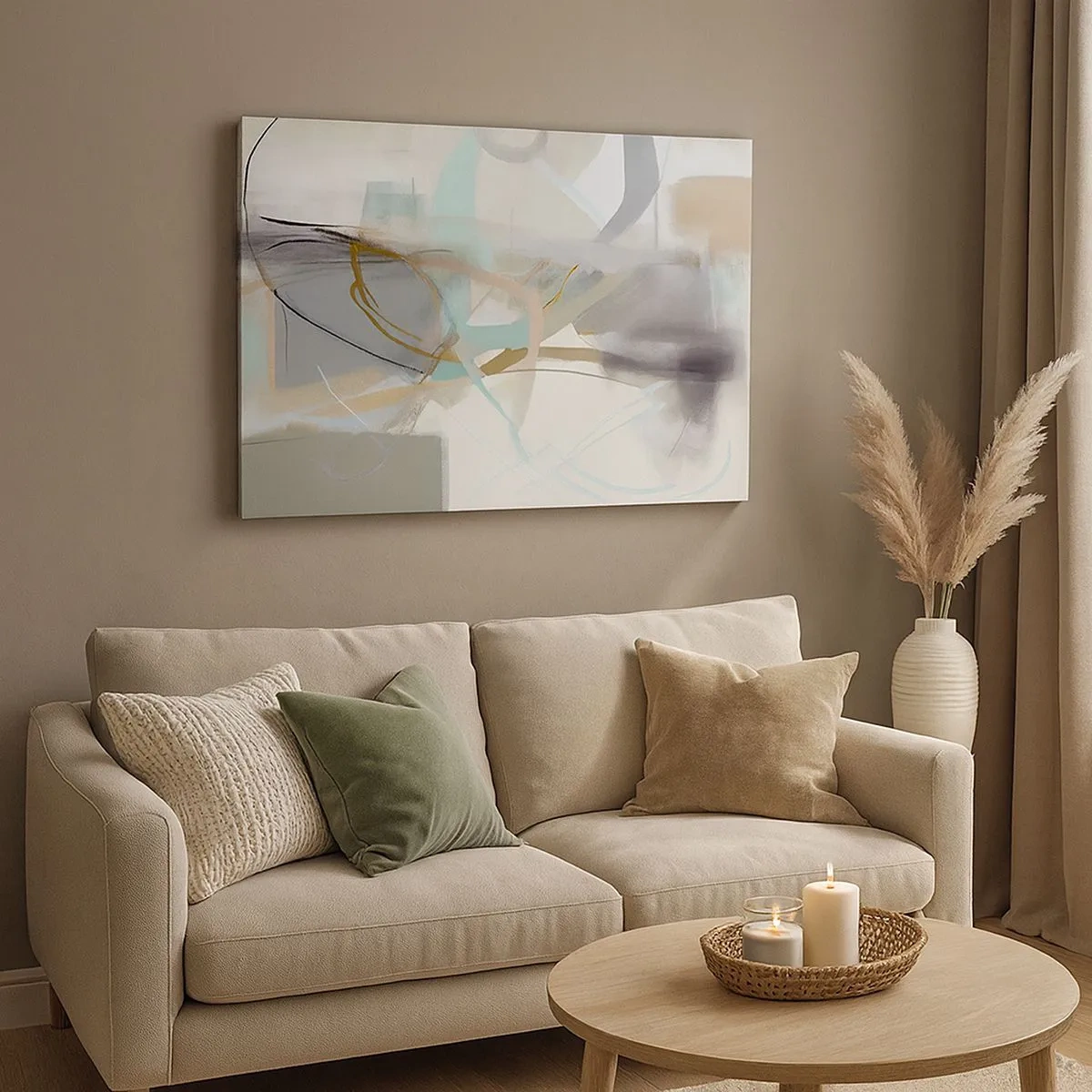 Bild auf Leinwand - Leinwandbild - Pastellabstraktion mit zarten Linien - 70x50cm - Neblige Abstraktion - Moderne Wanddekoration für Wohnzimmer und Schlafzimmer ARTTOR