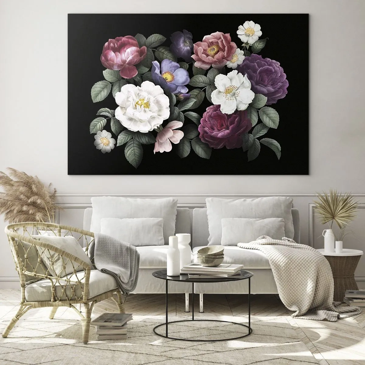 Glasbild - Bild auf glas - Florale Komposition mit Pfingstrosen auf schwarzem Hintergrund - 70x50cm - Aus dem Englischen Garten - Moderne Wanddekoration für Wohnzimmer und Schlafzimmer ARTTOR