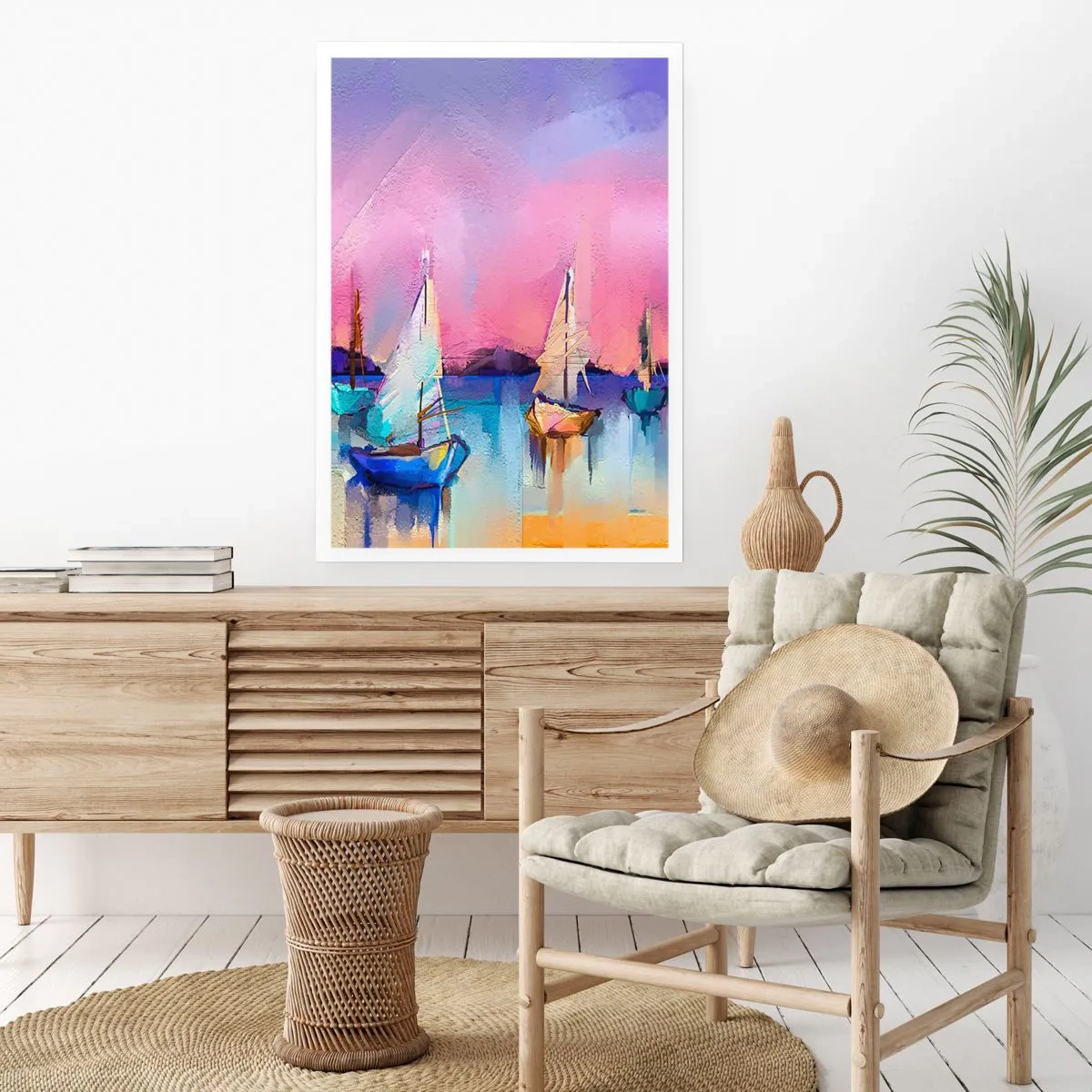 Poster - Abstrakte Segelboote auf einem bunten Hintergrund - 50x70cm - Richtung: breites Wasser - Moderne Wanddekoration für Wohnzimmer und Schlafzimmer ARTTOR