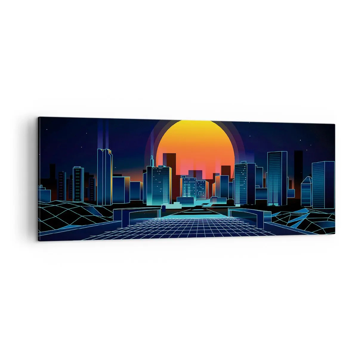 Bild auf Leinwand - Leinwandbild - Futuristische Skyline im Neon-Stil - 140x50cm - Willst du immer noch zu Real gehen? - Moderne Wanddekoration für Wohnzimmer und Schlafzimmer ARTTOR