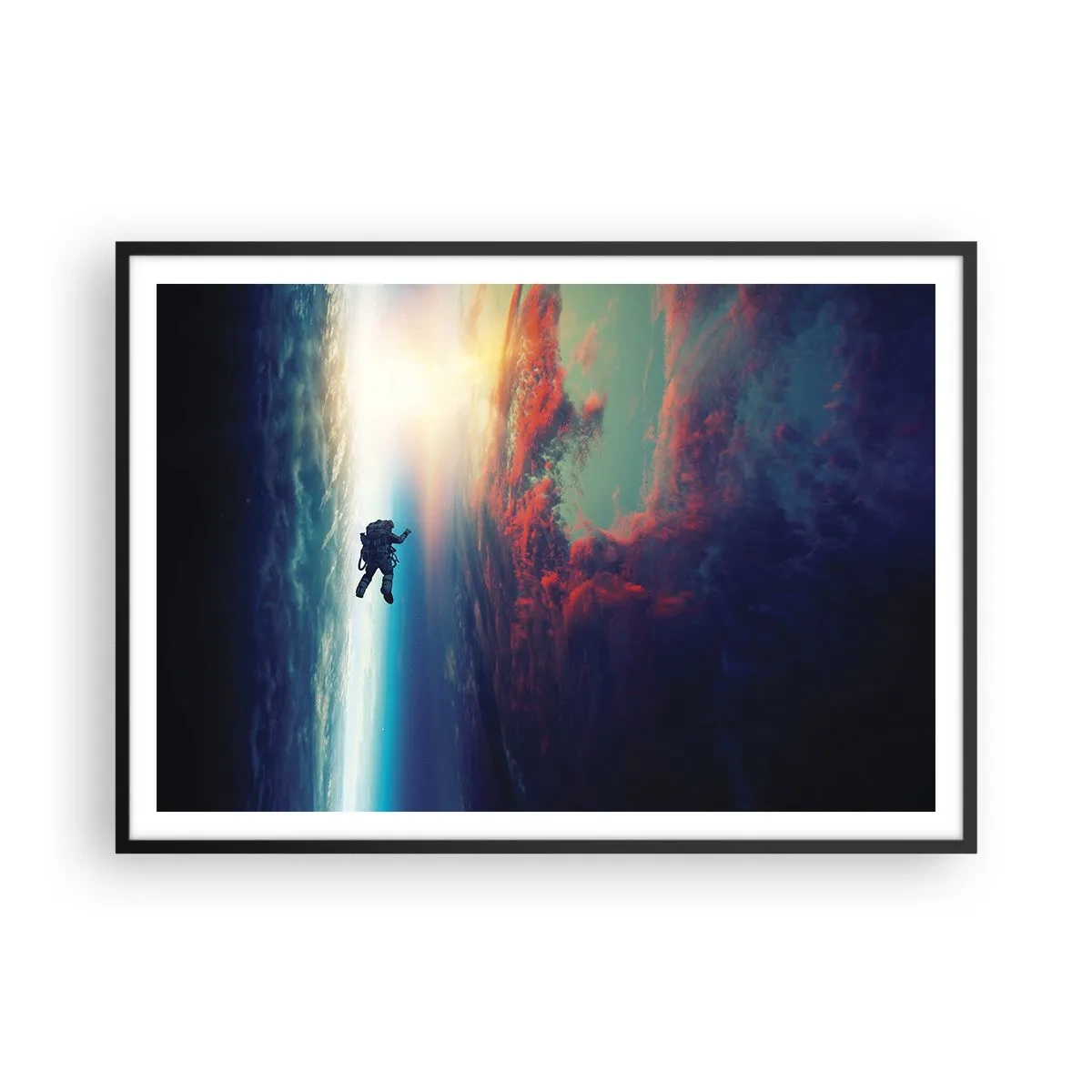 Poster in einem schwarzem Rahmen - Ein Astronaut schwebt im Weltraum über einer bunten Erde - 100x70cm - Sich dem Universum stellen - Moderne Wanddekoration für Wohnzimmer und Schlafzimmer ARTTOR