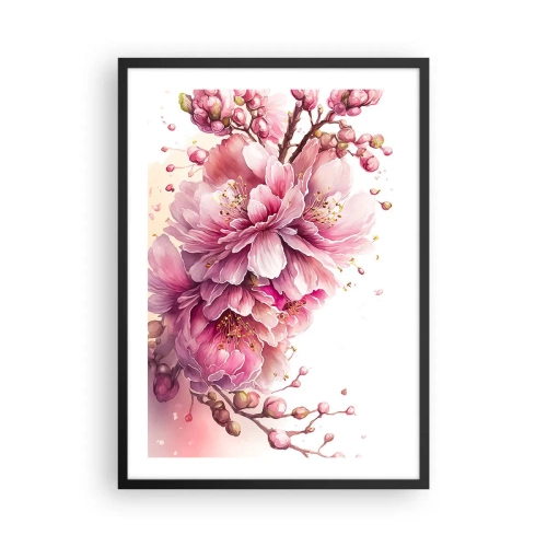 Poster in einem schwarzem Rahmen - Zarte rosa Kirschblüten in voller Blüte vor hellem Hintergrund - 50x70cm - Kirschblütenblüte - Moderne Wanddekoration für Wohnzimmer und Schlafzimmer ARTTOR