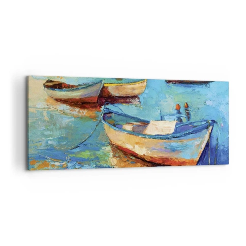 Bild auf Leinwand - Leinwandbild - Bunte Boote vertäut auf ruhigem Wasser - 120x50cm - In der südlichen Bucht - Moderne Wanddekoration für Wohnzimmer und Schlafzimmer ARTTOR