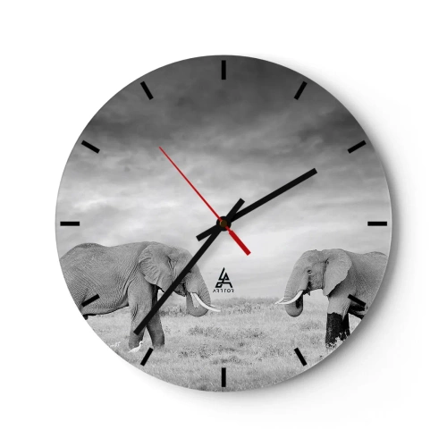 Wanduhr - Glasuhr - Zwei Elefanten in der Savanne in Schwarz und Weiß - 30x30cm - Grau ist schön - Moderne Wanddekoration für Wohnzimmer, Küche und Schlafzimmer ARTTOR