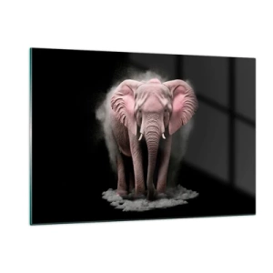 Glasbild - Bild auf glas - Ein rosa Elefant auf schwarzem Hintergrund, umgeben von einer Staubwolke. - 120x80cm - Denke nicht an einen rosa Elefanten! - Moderne Wanddekoration für Wohnzimmer und Schlafzimmer ARTTOR
