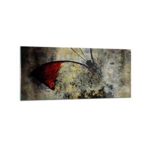 Glasbild - Bild auf glas - Ein Schmetterling in Rot- und Grautönen auf strukturiertem Hintergrund - 120x50cm - Pass auf, bevor ich verschwinde - Moderne Wanddekoration für Wohnzimmer und Schlafzimmer ARTTOR