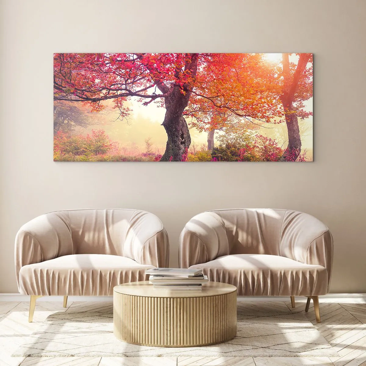 Glasbild - Bild auf glas - Herbstlandschaft mit Bäumen in intensiven Farben - 160x50cm - Blühende Raserei - Moderne Wanddekoration für Wohnzimmer und Schlafzimmer ARTTOR