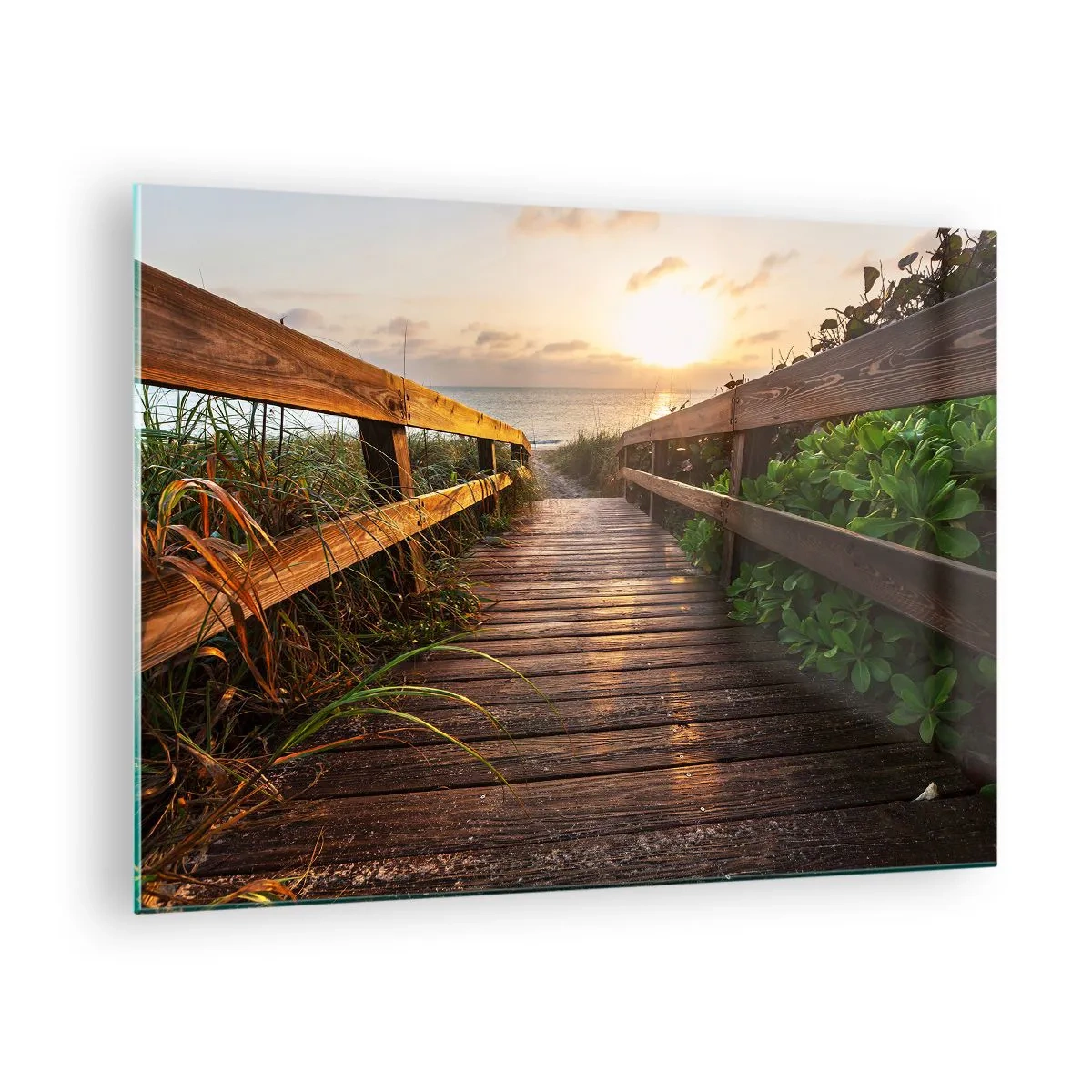 Glasbild - Bild auf glas - Holzsteg zum Strand bei Sonnenuntergang - 70x50cm - Und direkt ans Ufer - Moderne Wanddekoration für Wohnzimmer und Schlafzimmer ARTTOR