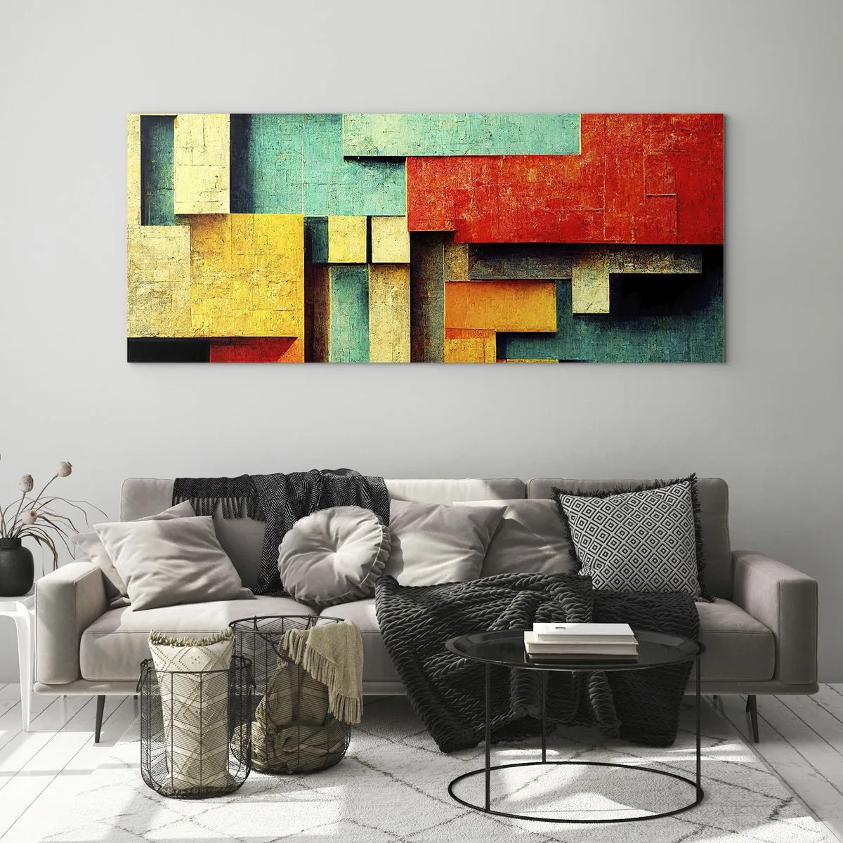 Glasbild - Bild auf glas - Abstrakte geometrische Formen in leuchtenden Farben - 120x50cm - Festival der rechten Winkel - Moderne Wanddekoration für Wohnzimmer und Schlafzimmer ARTTOR
