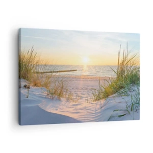 Bild auf Leinwand - Leinwandbild - Ein Sandstrand mit Blick auf den Sonnenuntergang über dem Meer - 70x50cm - Das Rauschen des Meeres, der Gesang der Vögel, ein wilder Strand im Gras ... - Moderne Wanddekoration für Wohnzimmer und Schlafzimmer ARTTOR