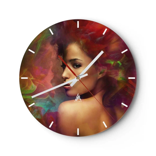 Wanduhr - Glasuhr - Porträt einer Frau mit bunten Dunsteffekten im Hintergrund - 30x30cm - Schöner als ein Regenbogen, so zart wie ein Nebel - Moderne Wanddekoration für Wohnzimmer, Küche und Schlafzimmer ARTTOR
