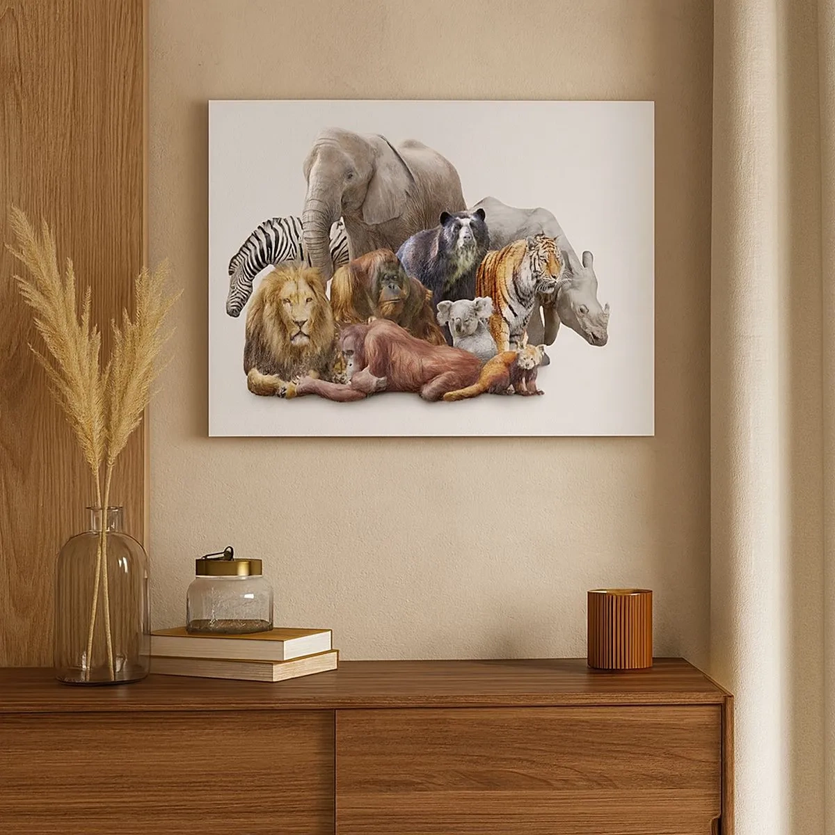 Bild auf Leinwand - Leinwandbild - Eine Vielzahl von Wildtieren in einer Gruppenzusammensetzung - 70x50cm - Afrikanische Familienfotografie - Moderne Wanddekoration für Wohnzimmer und Schlafzimmer ARTTOR