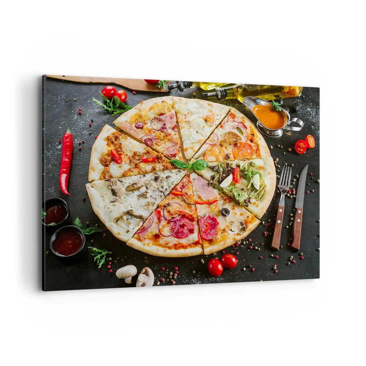 Bild auf Leinwand - Leinwandbild - Pizza in verschiedenen Geschmacksrichtungen mit verschiedenen Belägen - 100x70cm - Eine Reihe von Geschmacksrichtungen - Moderne Wanddekoration für Wohnzimmer und Schlafzimmer ARTTOR