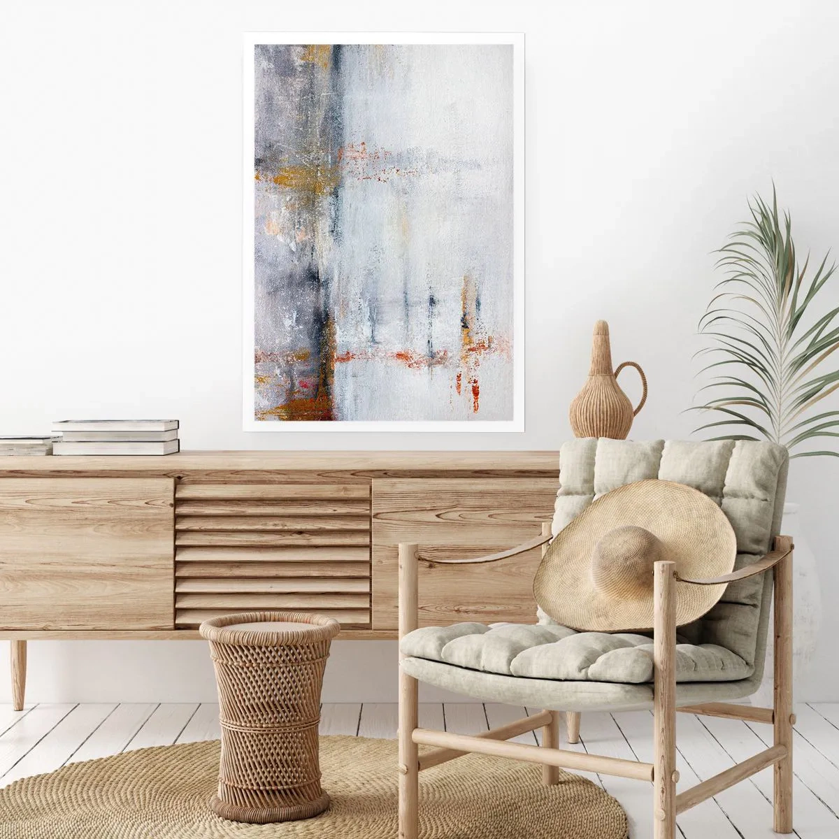 Poster - Eine abstrakte Komposition mit Grau-, Weiß- und Goldtönen. - 50x70cm - Hinter dem Luftvorhang - Moderne Wanddekoration für Wohnzimmer und Schlafzimmer ARTTOR