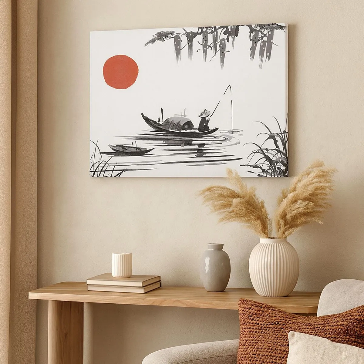 Bild auf Leinwand - Leinwandbild - Orientalische Landschaft mit einem Fischer auf einem Boot und einer roten Sonne - 70x50cm - Asiatischer Nachmittag - Moderne Wanddekoration für Wohnzimmer und Schlafzimmer ARTTOR