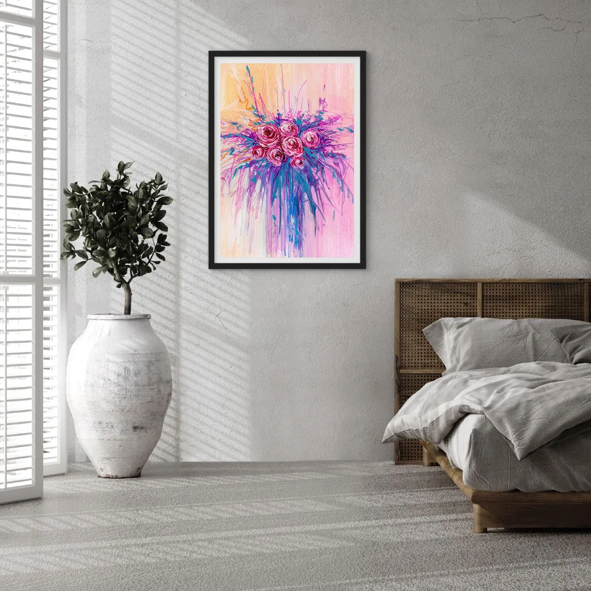 Poster in einem schwarzem Rahmen - Bunte Rosen auf einem Hintergrund in Rosatönen - 50x70cm - Rosenbrunnen - Moderne Wanddekoration für Wohnzimmer und Schlafzimmer ARTTOR