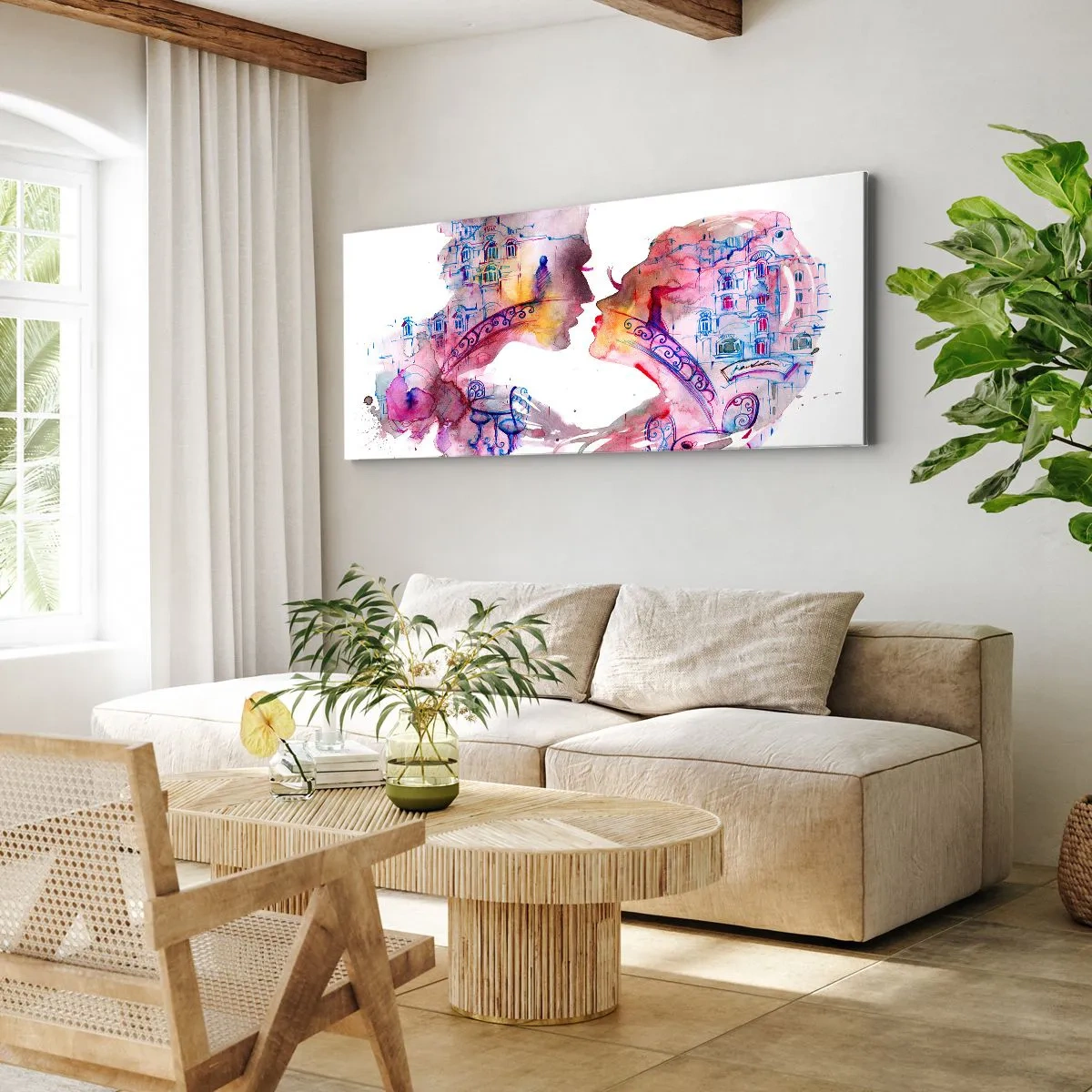 Bild auf Leinwand - Leinwandbild - Ein romantisches Aquarell, das die Silhouetten von Liebenden darstellt - 140x50cm - Die geheime Seufzerbrücke - Moderne Wanddekoration für Wohnzimmer und Schlafzimmer ARTTOR