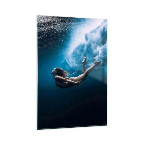 Glasbild - Bild auf glas - Unterwasseraufnahme mit einer Frau und Luftblasen - 80x120cm - Moderne Meerjungfrau - Moderne Wanddekoration für Wohnzimmer und Schlafzimmer ARTTOR