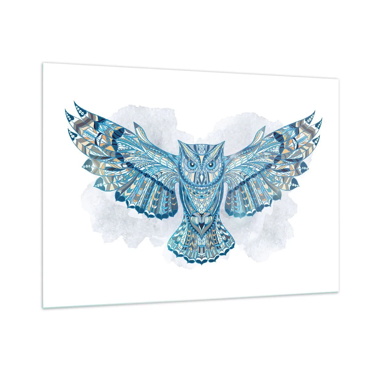 Glasbild - Bild auf glas - Blaue Eule mit ausgebreiteten Flügeln im geometrischen Stil - 100x70cm - Aus einem keltischen heiligen Hain - Moderne Wanddekoration für Wohnzimmer und Schlafzimmer ARTTOR