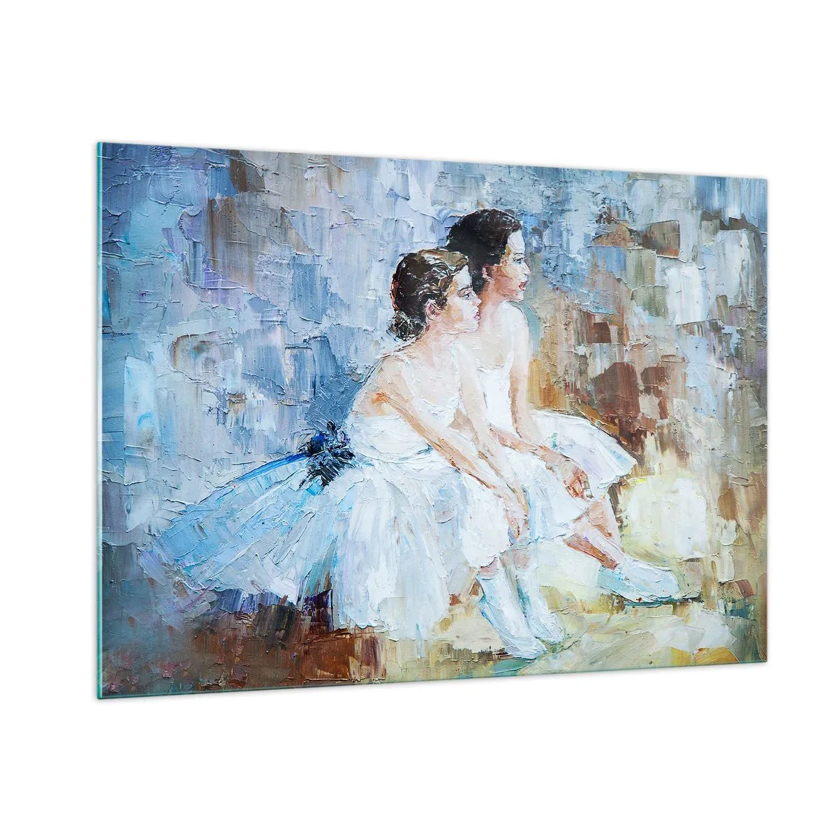 Glasbild - Bild auf glas - Zwei Ballerinas in weißen Kleidern vor impressionistischem Hintergrund - 100x70cm - Rest der jungen Schwäne - Moderne Wanddekoration für Wohnzimmer und Schlafzimmer ARTTOR