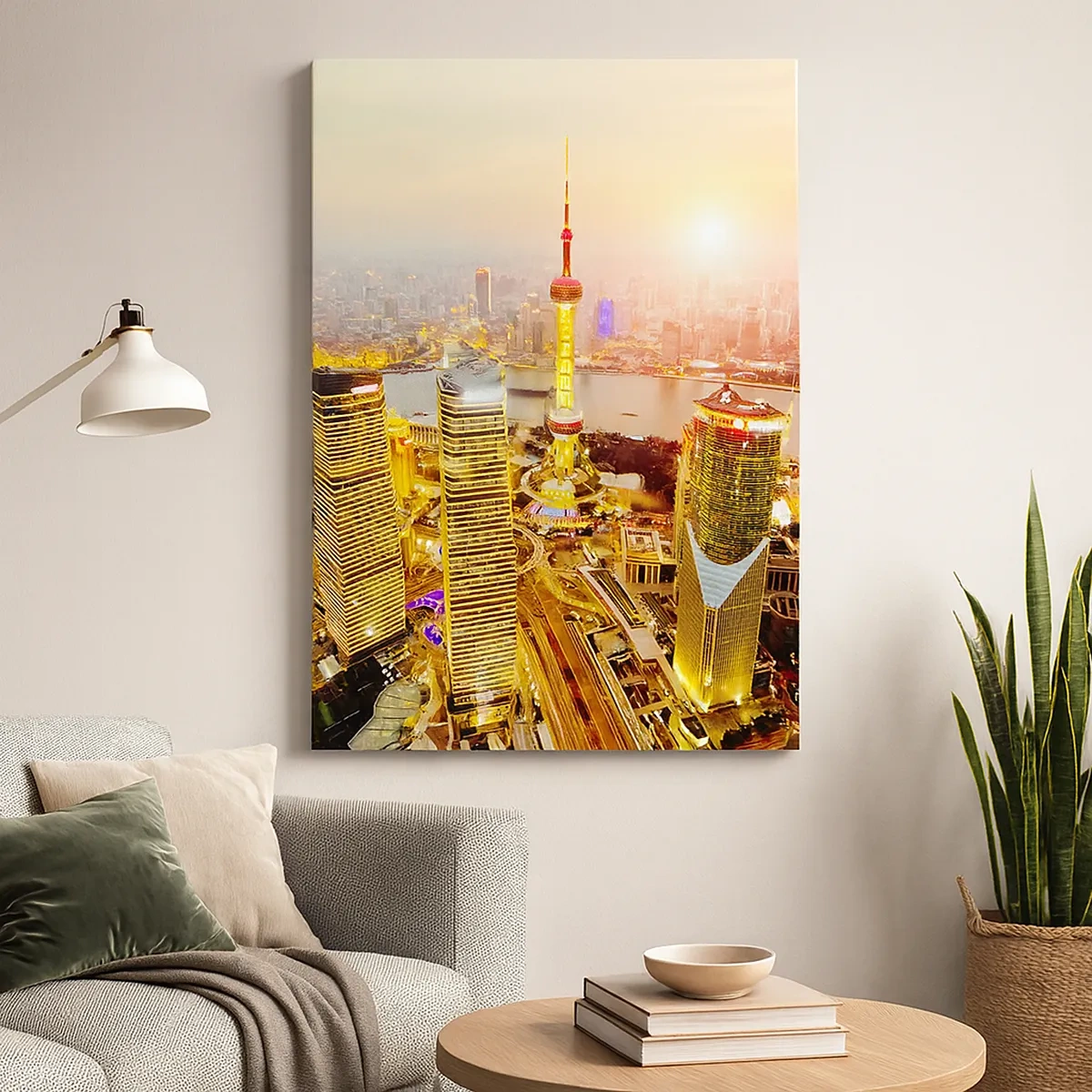 Bild auf Leinwand - Leinwandbild - Stadtpanorama mit Wolkenkratzern bei Sonnenuntergang - 50x70cm - Asiatischer Traum - Moderne Wanddekoration für Wohnzimmer und Schlafzimmer ARTTOR