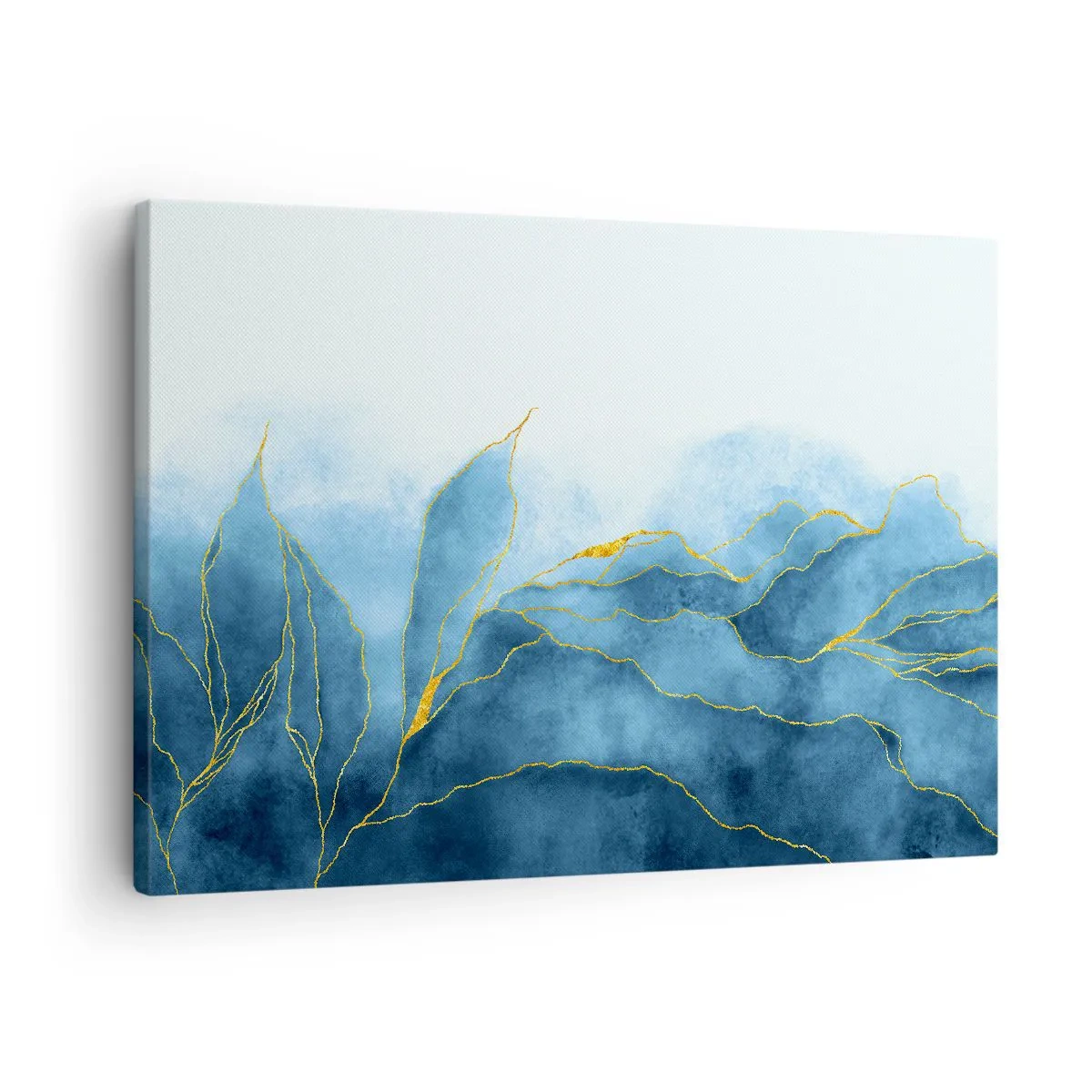 Bild auf Leinwand - Leinwandbild - Abstrakte Wellen in Blautönen mit goldenen Akzenten - 70x50cm - Blau im Gold - Moderne Wanddekoration für Wohnzimmer und Schlafzimmer ARTTOR