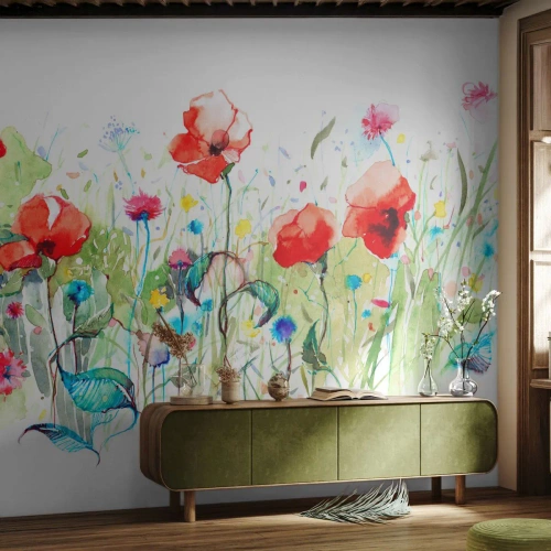 Fototapete Premium Canvas - Blühende Maiwiese - Blumen, Mohnblumen, Garten - 450x315 cm
