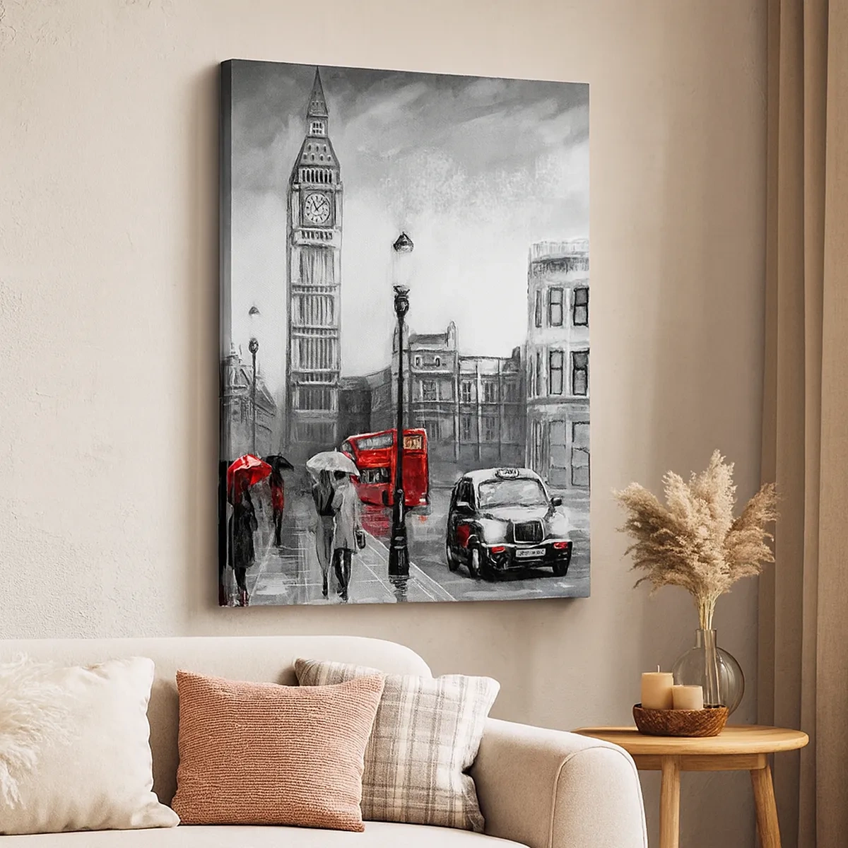 Bild auf Leinwand - Leinwandbild - Eine Londoner Szene in Schwarzweiß mit roten Akzenten - 50x70cm - Gar keine graue Stadt - Moderne Wanddekoration für Wohnzimmer und Schlafzimmer ARTTOR