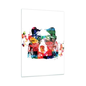 Glasbild - Bild auf glas - Bunter Bär mit Brille im Pop-Art-Stil mit musikalischem Thema - 50x70cm - Ich mag! - Moderne Wanddekoration für Wohnzimmer und Schlafzimmer ARTTOR