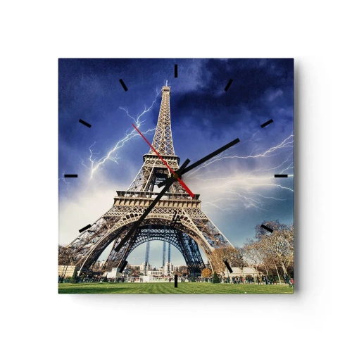 Wanduhr - Glasuhr - Der Eiffelturm mit stürmischem Himmel und Blitzen im Hintergrund - 30x30cm - Herrscherin der Stürme - Moderne Wanddekoration für Wohnzimmer und Schlafzimmer ARTTOR