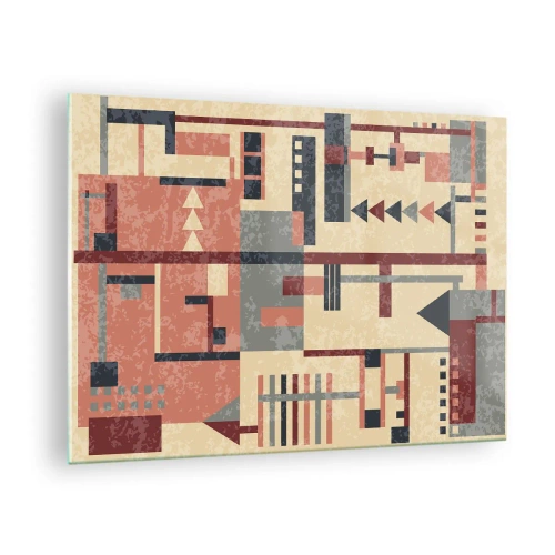 Glasbild - Bild auf glas - Abstraktes geometrisches Muster in Beige- und Rottönen - 70x50cm - Eine Kombination aus Vertikalen und Ebenen - Moderne Wanddekoration für Wohnzimmer und Schlafzimmer ARTTOR