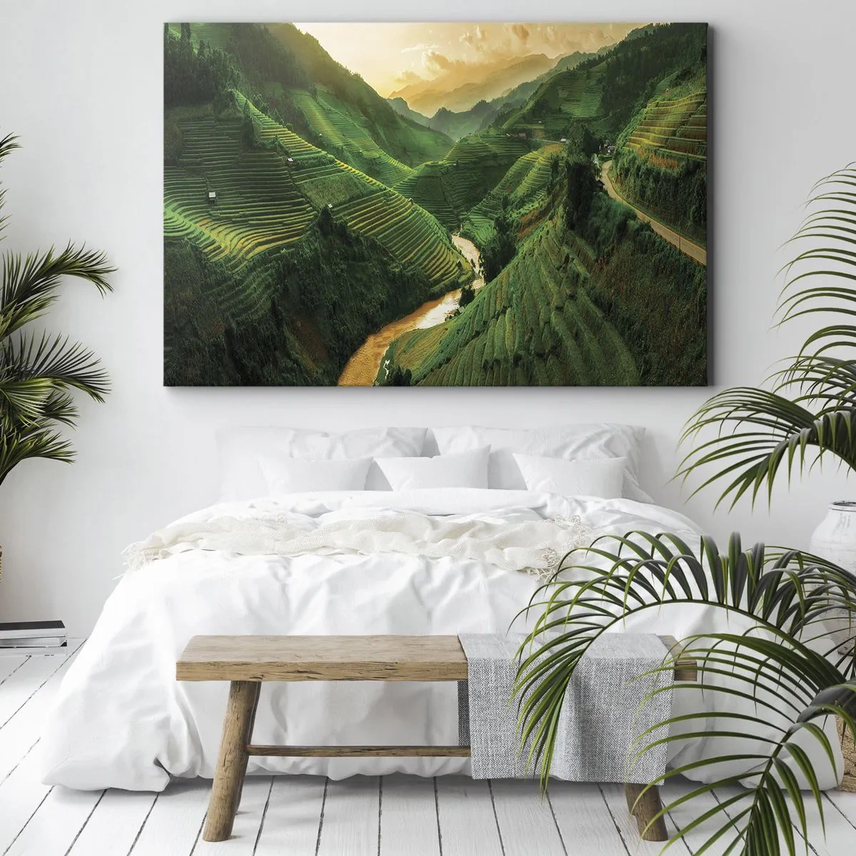 Bild auf Leinwand - Leinwandbild - Malerische Reisterrassen in einem grünen Tal, beleuchtet von der untergehenden Sonne - 100x70cm - Vietnamesisches Tal - Moderne Wanddekoration für Wohnzimmer und Schlafzimmer ARTTOR