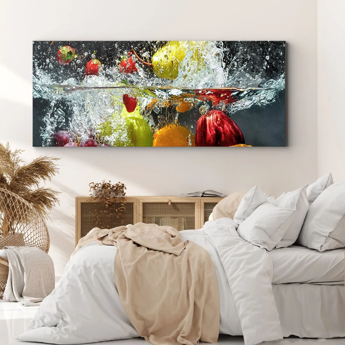 Bild auf Leinwand - Leinwandbild - Bunte Früchte im Wasser bei dynamischer Immersion - 120x50cm - Fruchterfrischung - Moderne Wanddekoration für Wohnzimmer und Schlafzimmer ARTTOR